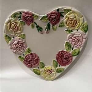 Heart Shaped Art Floral Ceramic Plaque Pink, Rose  Yellow 10 1/2 In Portugal